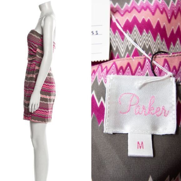 NEW Parker Sweetheart 100% Silk Mini Strapless Dress, Pink print, M - Picture 2 of 14